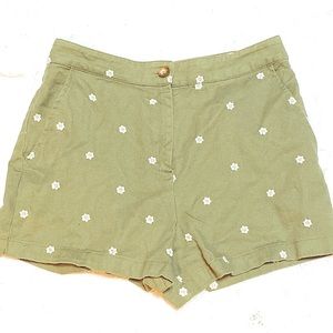 Olive Green Daisy Embroidered High Waisted Shorts